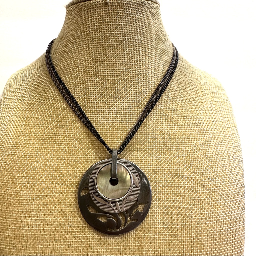 Bohm Necklace - Multistrand Chain Silver & Gunmetal W/ 3 Disc Pendant - Abalone